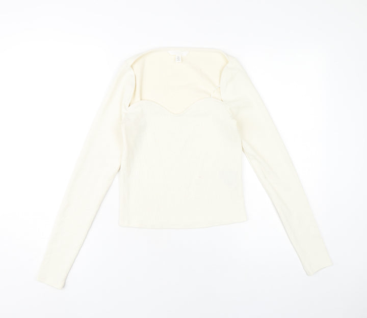 H&M Women Ivory Sweetheart Neck Long Sleeve Cropped Blouse Size 12