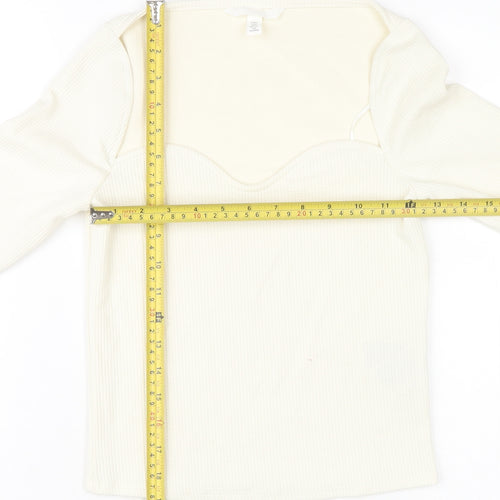 H&M Women Ivory Sweetheart Neck Long Sleeve Cropped Blouse Size 12