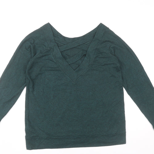 &et Womens Green Long Sleeve V-Neck Strap Detail Blouse Size 12