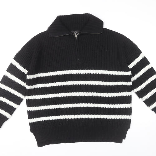 AX Paris Womens Black White Striped Collared Half Zip Chunky Knit Jumper M