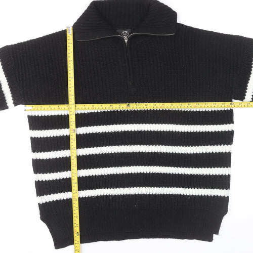 AX Paris Womens Black White Striped Collared Half Zip Chunky Knit Jumper M