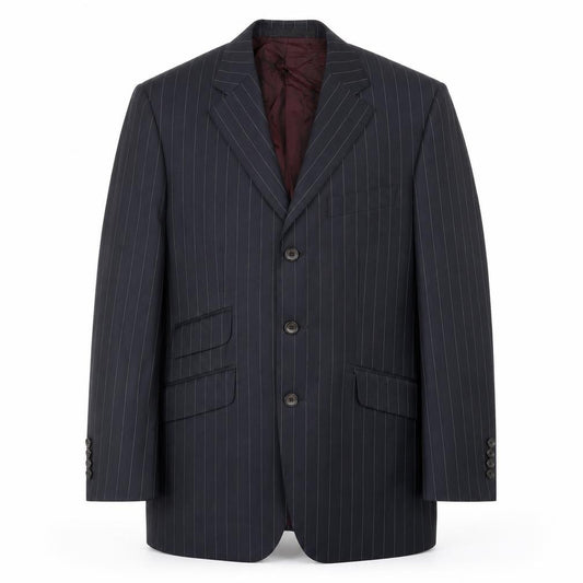 Front view of DAKS Men Blue Pinstripe Wool Blazer Jacket 46R Classic Formal
