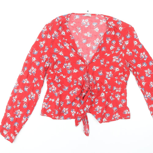 Pimkie Women Red Floral Wrap Blouse Long Sleeve Size M