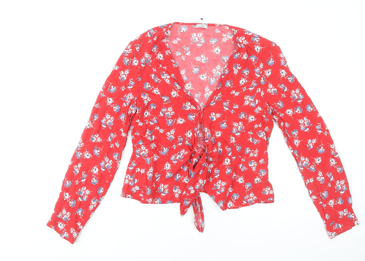 Pimkie Women Red Floral Wrap Blouse Long Sleeve Size M