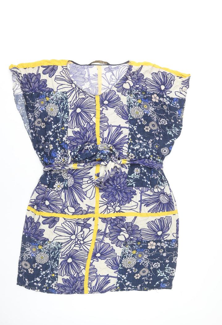 Zara Basic Women’s Blue Floral Shift Dress Size 12 Sleeveless Belted Summer