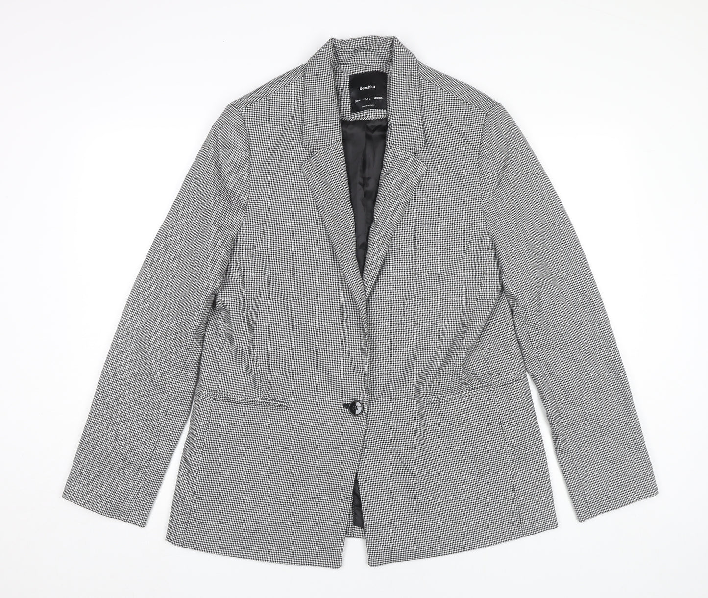 Bershka Women Black Houndstooth Blazer L Regular Fit Tailored Jacket