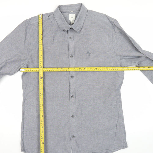 River Island Men's Grey Regular Fit Long Sleeve Oxford Cotton Shirt M