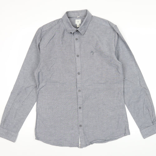 River Island Men's Grey Regular Fit Long Sleeve Oxford Cotton Shirt M