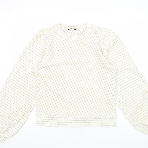 Ganni Women White Striped Pullover Jumper Size S Crew Neck Puff Sleeve