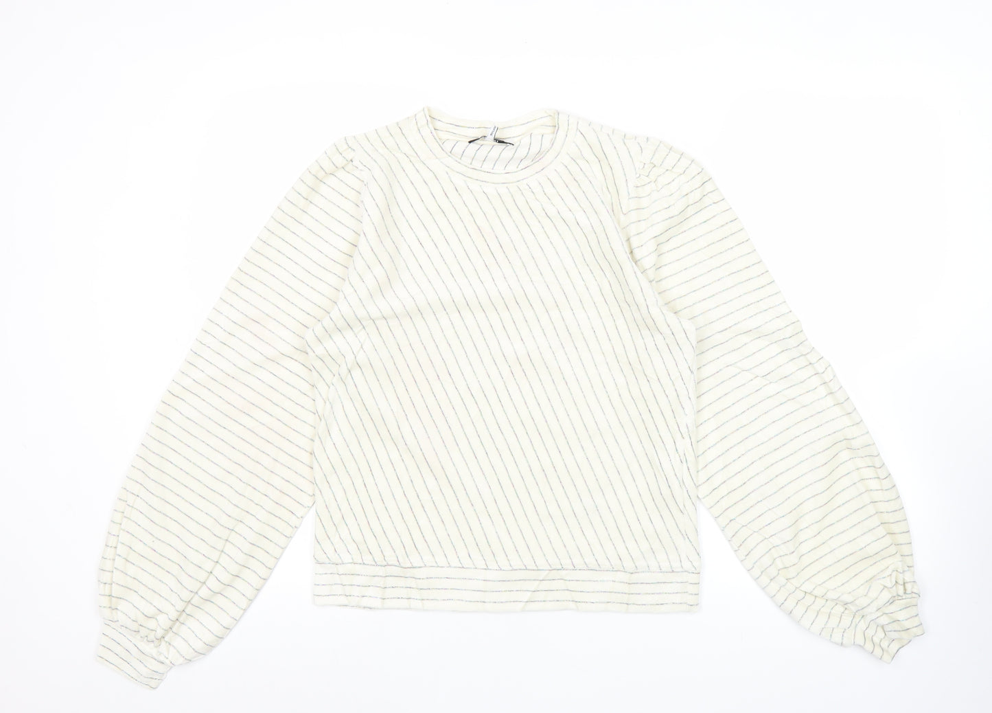 Ganni Women White Striped Pullover Jumper Size S Crew Neck Puff Sleeve