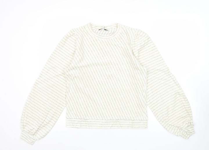 Ganni Women White Striped Pullover Jumper Size S Crew Neck Puff Sleeve