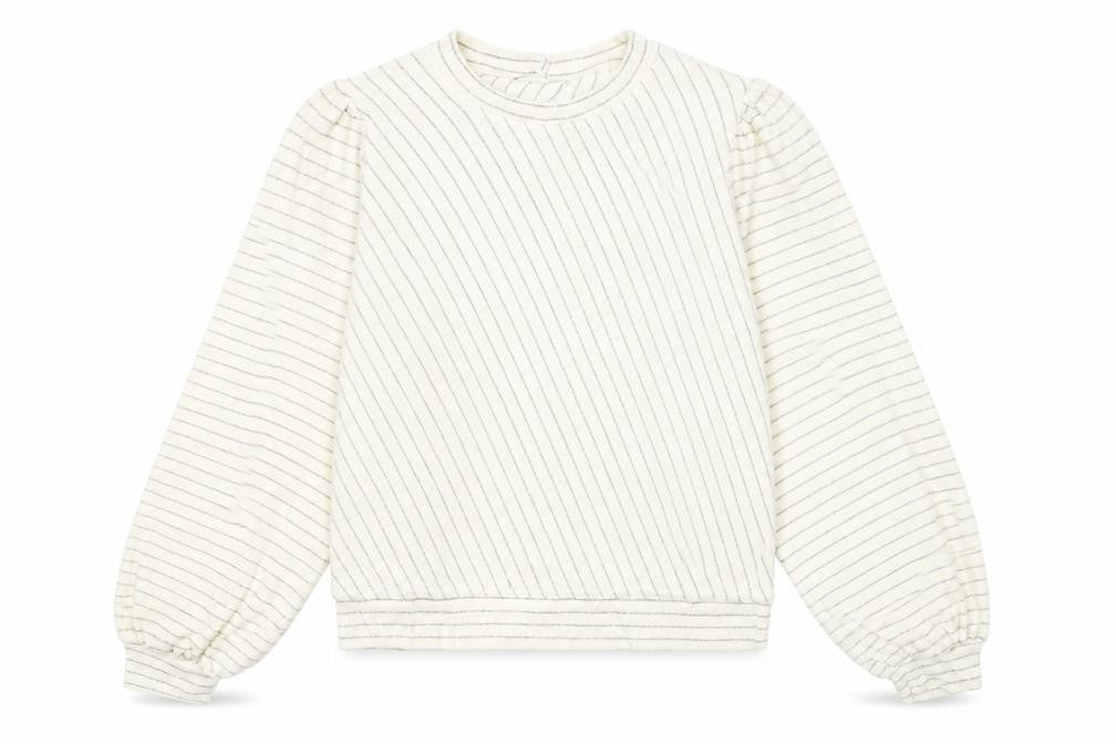 Ganni Women White Striped Pullover Jumper Size S Crew Neck Puff Sleeve