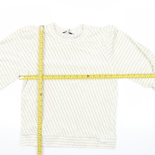 Ganni Women White Striped Pullover Jumper Size S Crew Neck Puff Sleeve