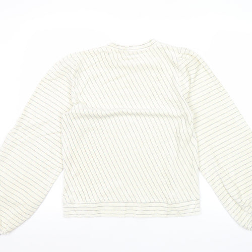 Ganni Women White Striped Pullover Jumper Size S Crew Neck Puff Sleeve