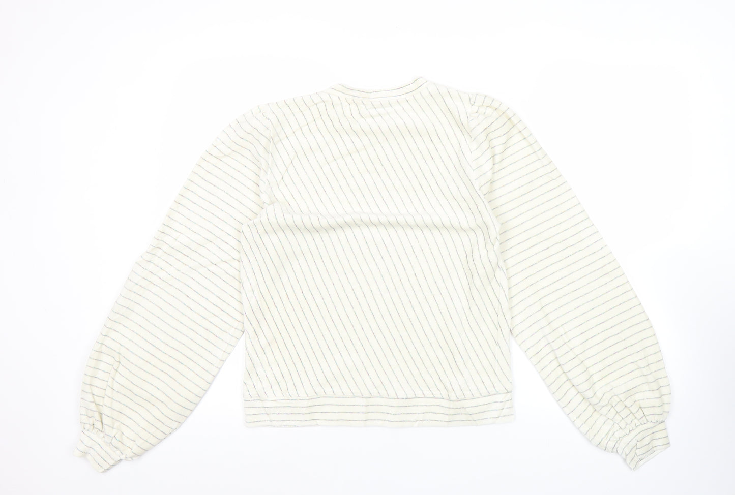 Ganni Women White Striped Pullover Jumper Size S Crew Neck Puff Sleeve