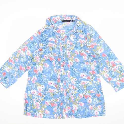Isle Essentials Womens Blue Floral Button-Up Tunic Shirt Size 12