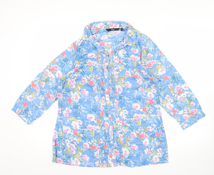 Isle Essentials Womens Blue Floral Button-Up Tunic Shirt Size 12