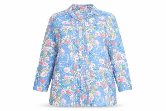 Front view of Isle Essentials women’s blue floral button-up tunic shirt, size UK 12