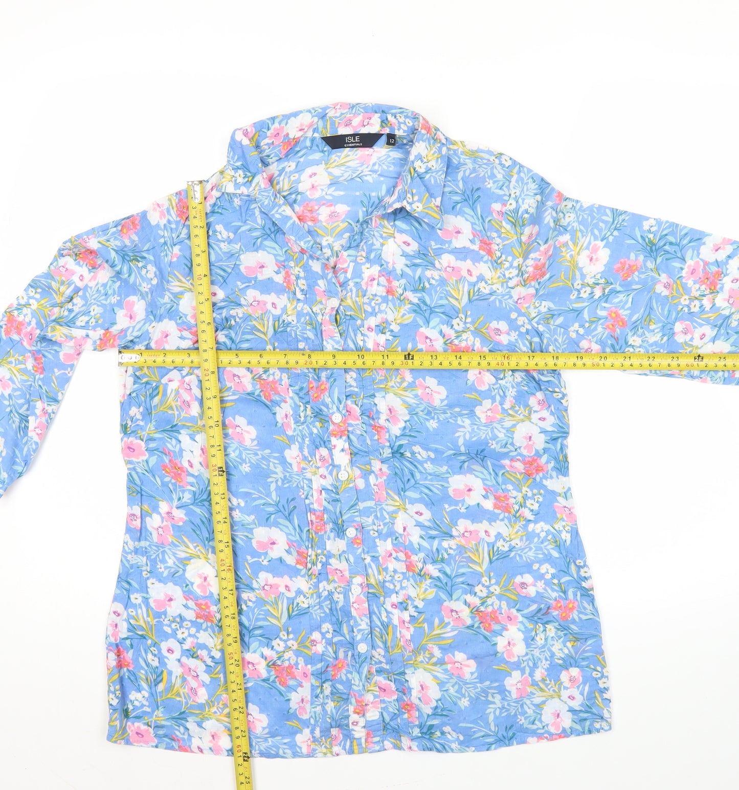 Isle Essentials Womens Blue Floral Button-Up Tunic Shirt Size 12