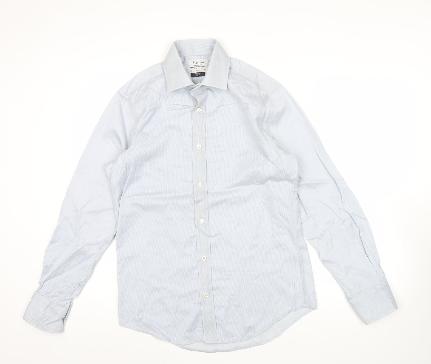 T.M. Lewin Mens Blue Slim Fit Striped Cotton Long Sleeve Shirt 15