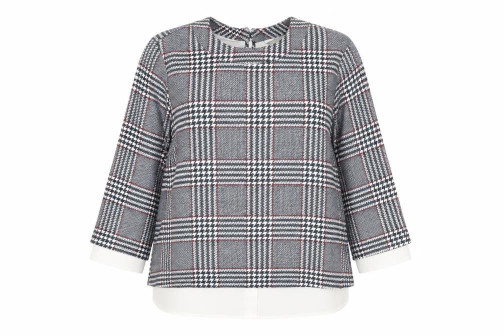 Front view of Dorothy Perkins women’s grey check tunic blouse, size UK 6, workwear