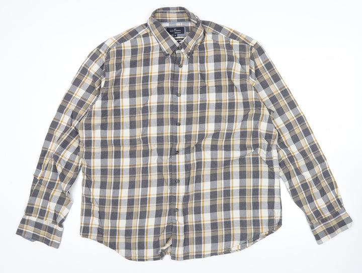 Marks and Spencer Men’s Grey Plaid XL Flannel Cotton Button-Up Shirt