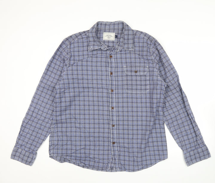 John Lewis Men’s Blue Check Cotton Twill Shirt L Long Sleeve Casual
