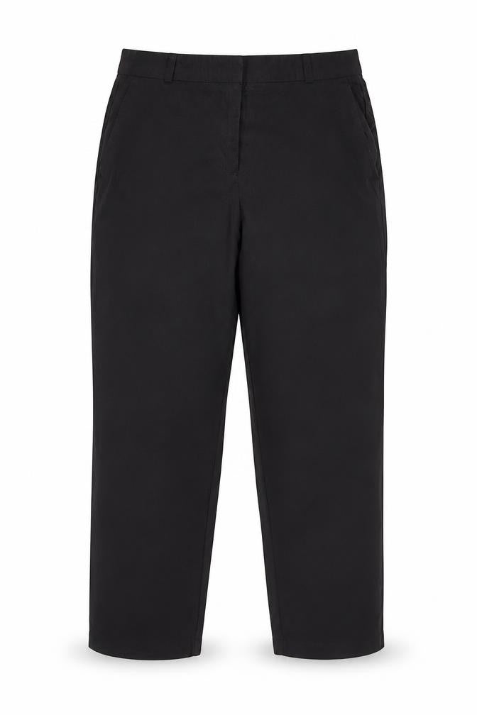 Front view of ASOS women’s black chino trousers, size UK 12, regular fit workwear