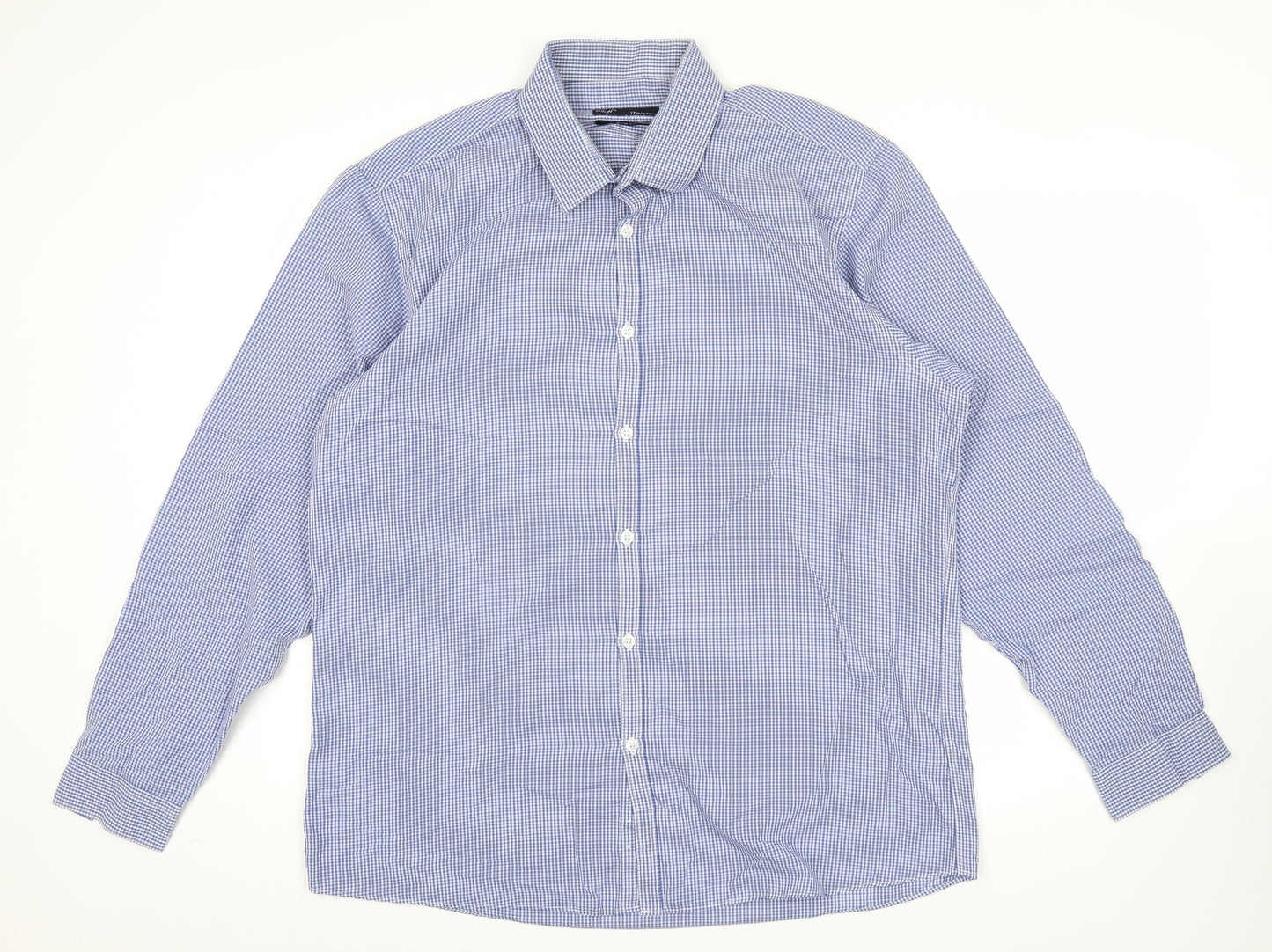 B&W Mens Blue Slim Fit Check Button-Up Shirt 17in Long Sleeve