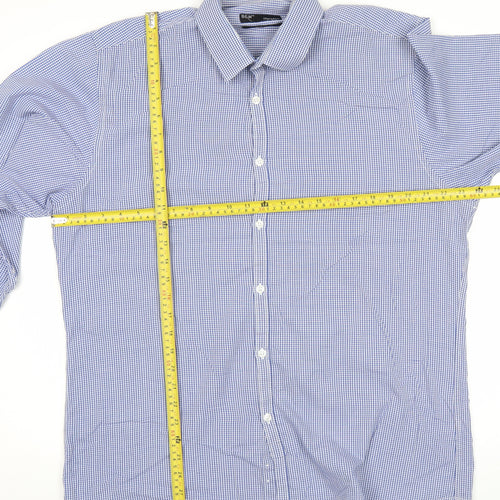 B&W Mens Blue Slim Fit Check Button-Up Shirt 17in Long Sleeve