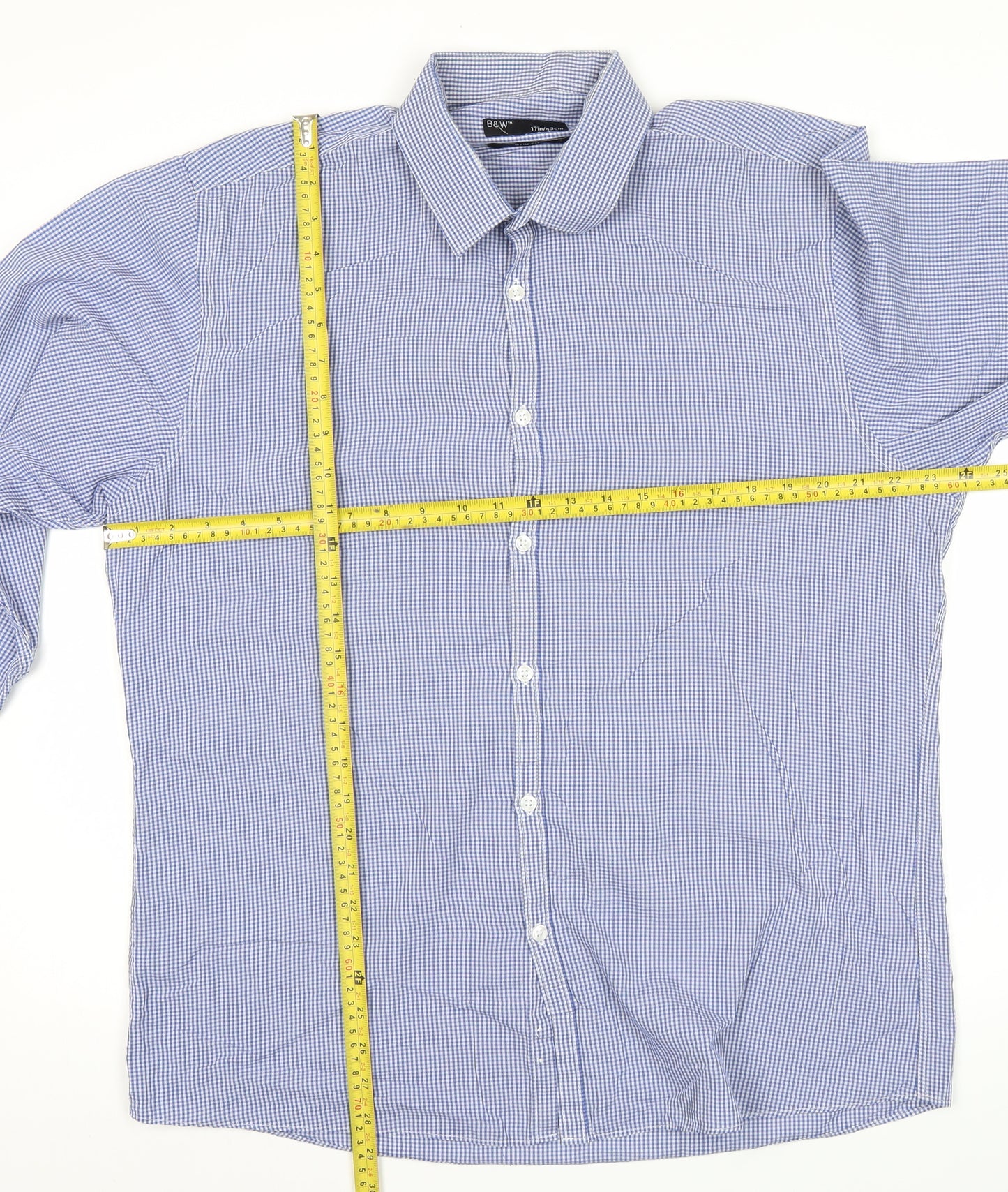 B&W Mens Blue Slim Fit Check Button-Up Shirt 17in Long Sleeve