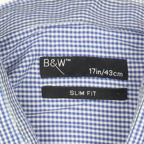 B&W Mens Blue Slim Fit Check Button-Up Shirt 17in Long Sleeve