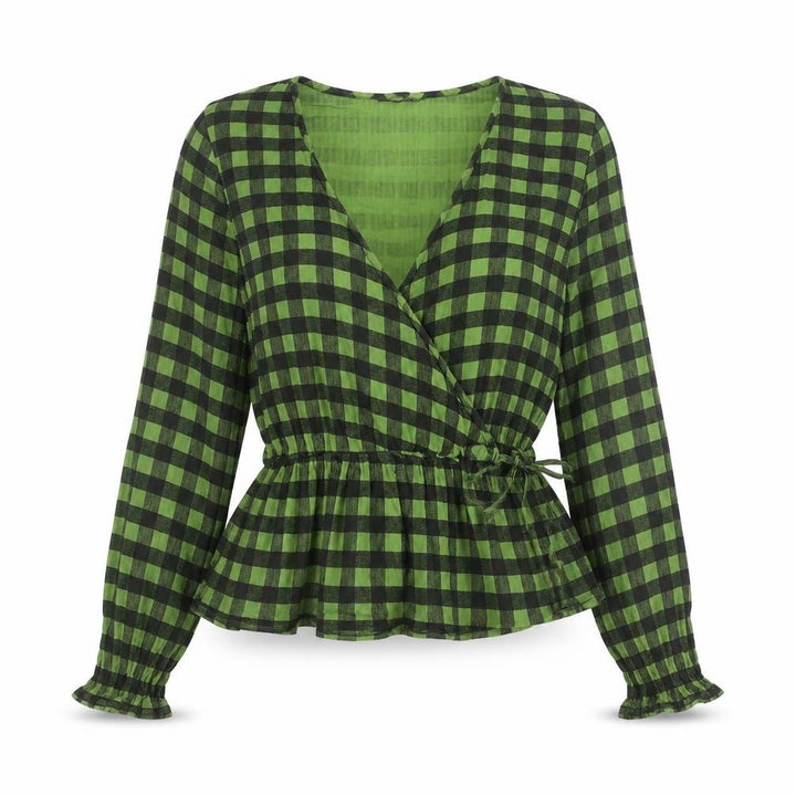 Nasty Gal Women’s Green Check Wrap Blouse Size 8 Long Sleeve