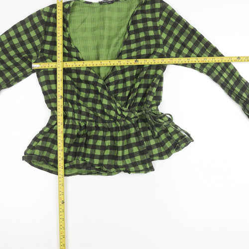 Nasty Gal Women’s Green Check Wrap Blouse Size 8 Long Sleeve