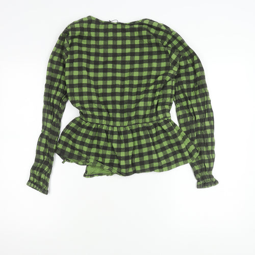 Nasty Gal Women’s Green Check Wrap Blouse Size 8 Long Sleeve