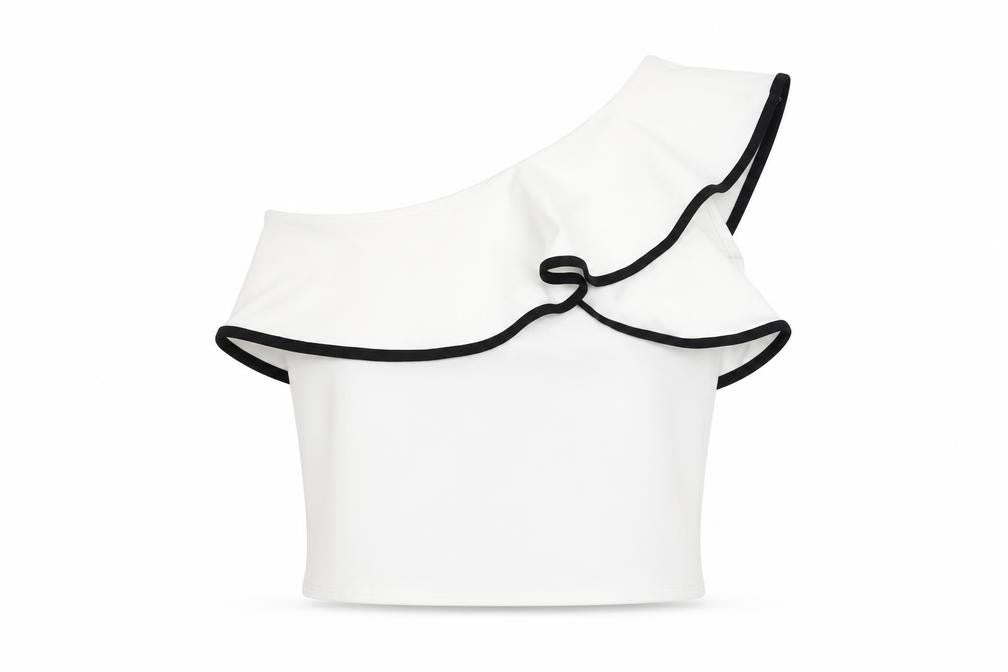 Front view of New Look Women White Ruffle One Shoulder Cropped Blouse, size 14