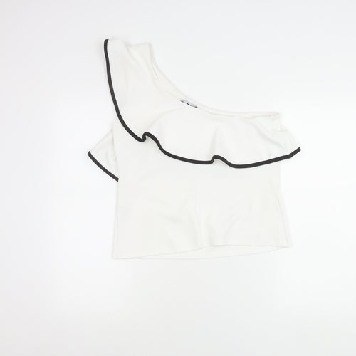New Look Women White Ruffle One Shoulder Cropped Blouse Size 14