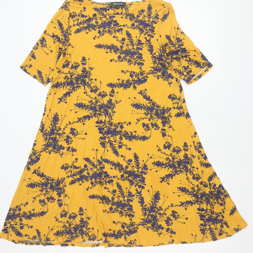 Bonmarché Women’s Yellow Floral A-Line Dress Size 12 Scoop Neck