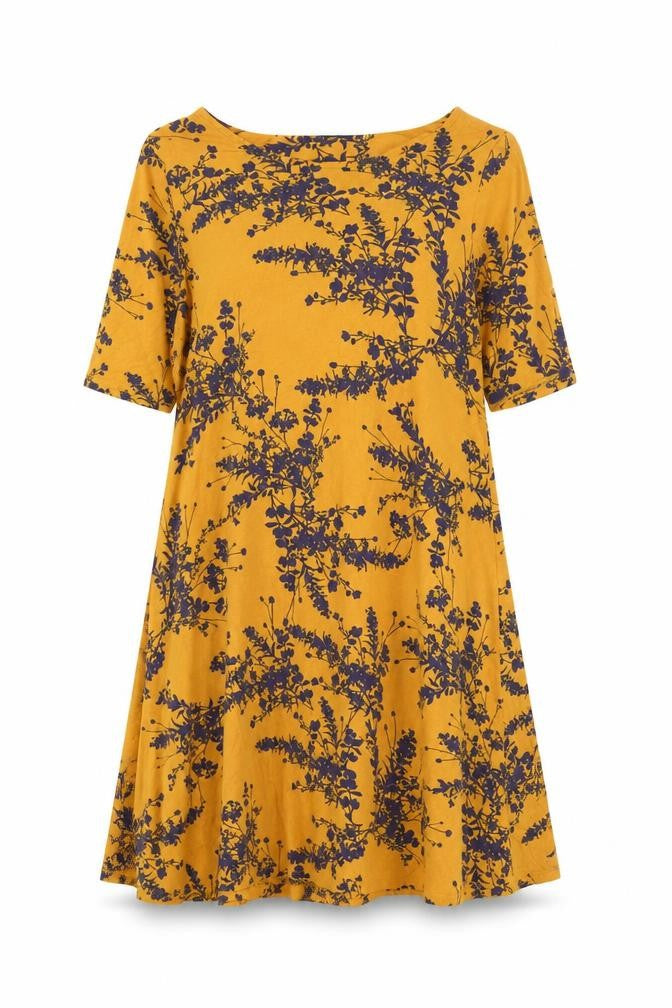 Bonmarché Women’s Yellow Floral A-Line Dress Size 12 Scoop Neck