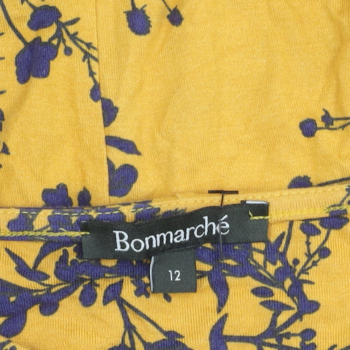 Bonmarché Women’s Yellow Floral A-Line Dress Size 12 Scoop Neck