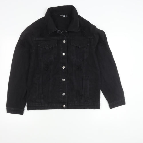 Boohoo Women Black Size 10 Denim Jacket Distressed Button Casual