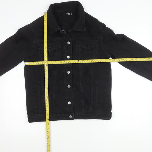 Boohoo Women Black Size 10 Denim Jacket Distressed Button Casual