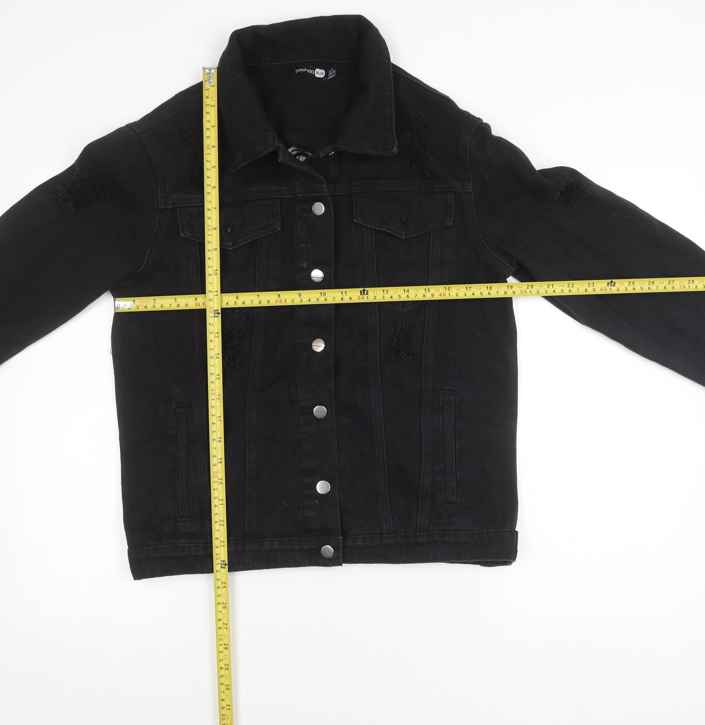 Boohoo Women Black Size 10 Denim Jacket Distressed Button Casual