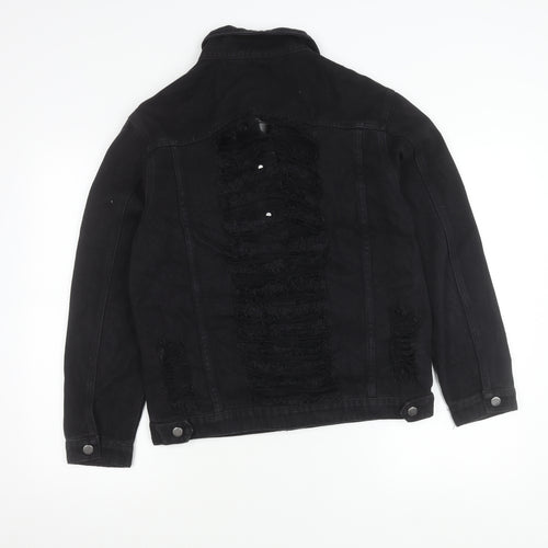 Boohoo Women Black Size 10 Denim Jacket Distressed Button Casual