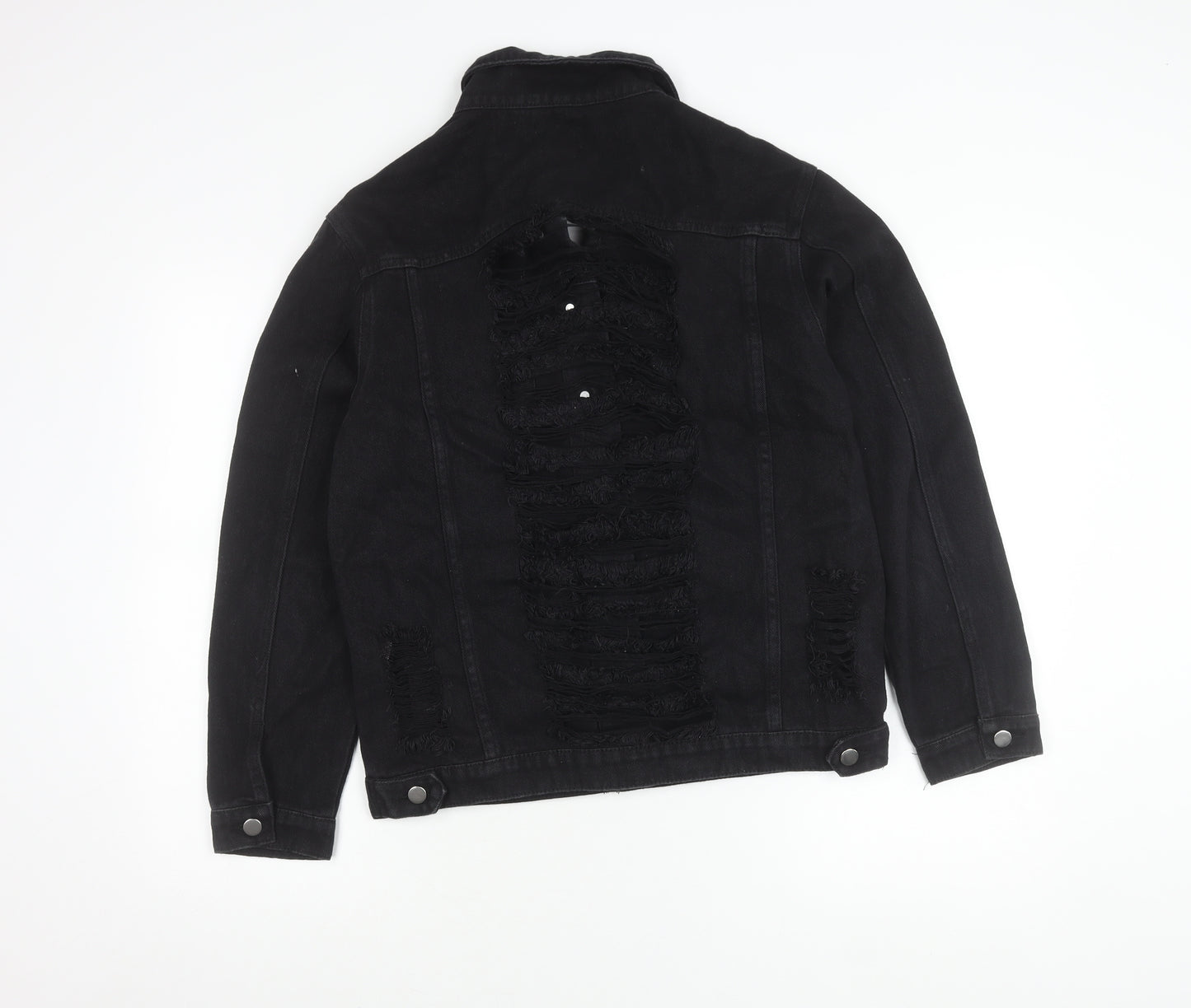 Boohoo Women Black Size 10 Denim Jacket Distressed Button Casual