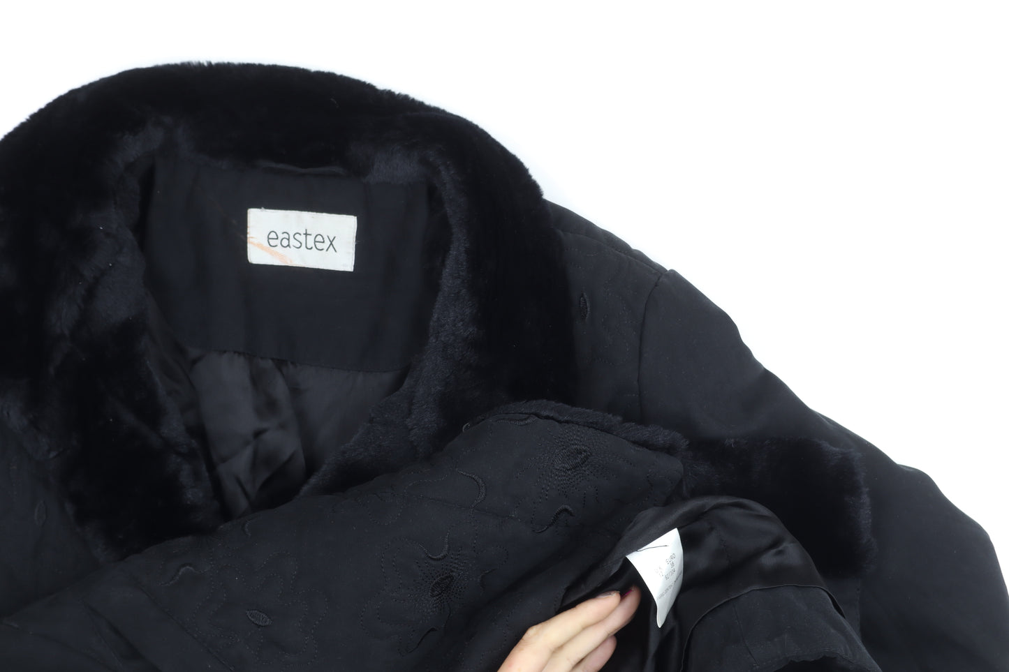 Eastex Women’s Black Fur Trim Coat Size 12 Mid-Length Overcoat
