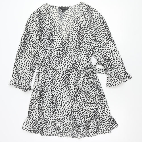 Brave Soul Women’s White Animal Print Wrap Dress Size M Long Sleeve