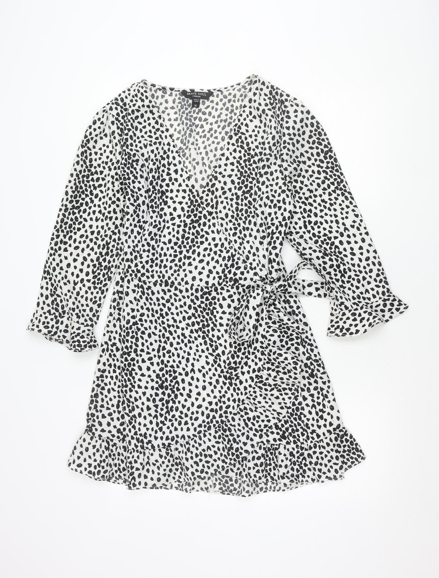 Brave Soul Women’s White Animal Print Wrap Dress Size M Long Sleeve