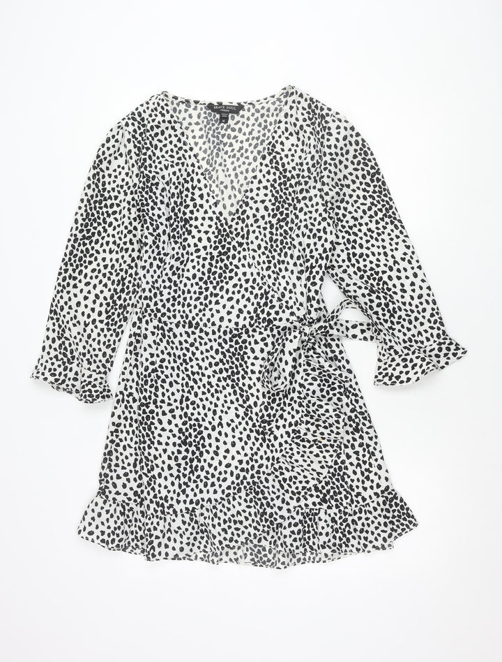 Brave Soul Women’s White Animal Print Wrap Dress Size M Long Sleeve