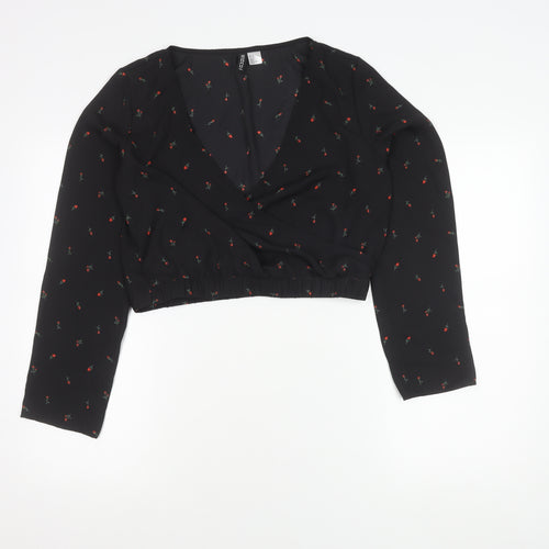 H&M Divided Women’s Black Floral Wrap Crop Blouse Size 12 Long Sleeve